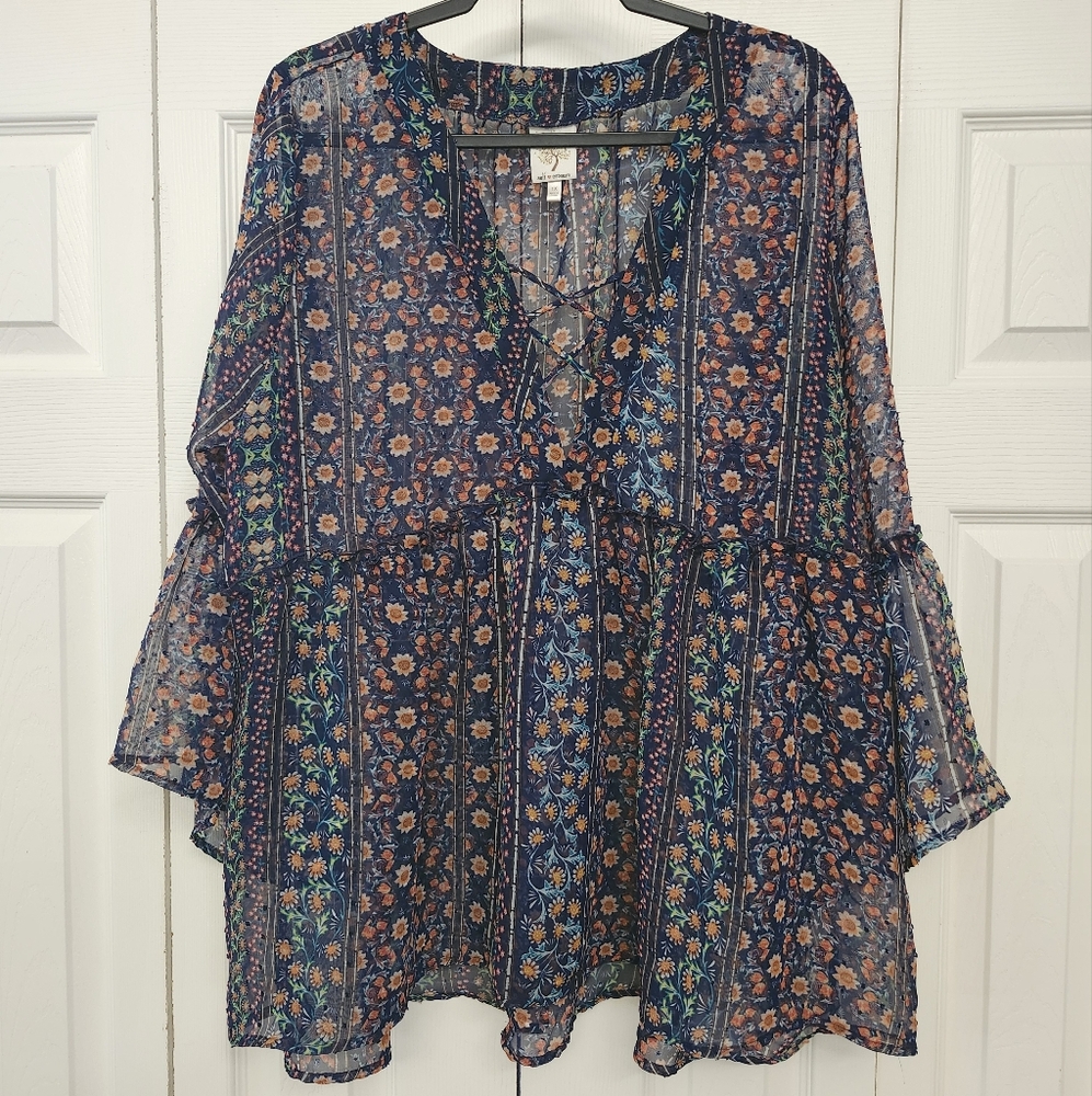 Self Esteem Boho Floral Blouse -Size 1X‎ - Bell Sleeves - Sheer - Lightweight